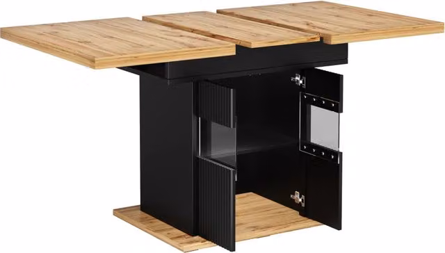 Tavolo da pranzo allungabile con contenitore e illuminazione LED, 110-140 cm, nero con piano in effetto legno