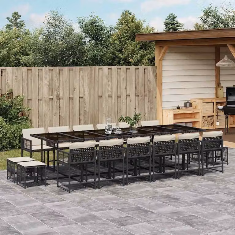 Set da pranzo da giardino vidaXL in polyrattan nero con cuscini e tavolo in vetro, 17 pezzi