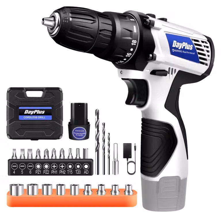 Trapano avvitatore a batteria compatto - Trapano avvitatore - Include batteria - 18+1 livelli di coppia - 2 velocità: 0–400/1400 giri/min - 45 Nm - Diametro massimo di foratura: 0,95 cm
