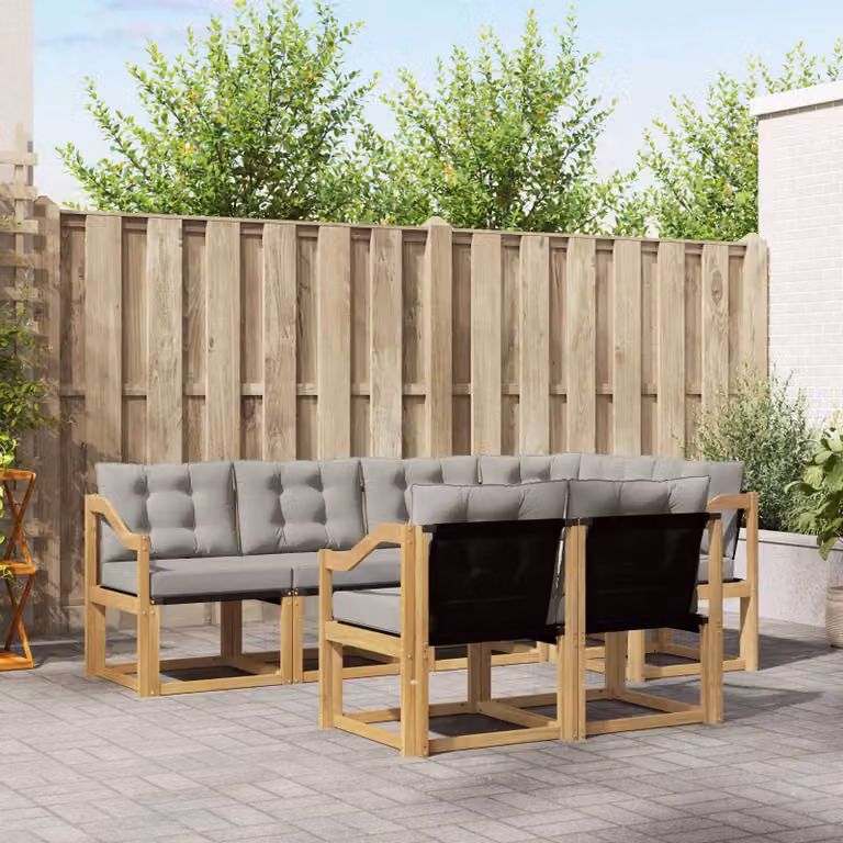 Set di divani da esterno a L vidaXL in legno di acacia con cuscini, Bianco e Grigio
