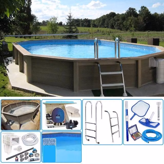 Piscina interrata Naturalis in pietra ricostruita effetto legno, L: 635 cm, P: 472 cm, H: 140 cm, con filtrazione a sabbia e locale tecnico – 1