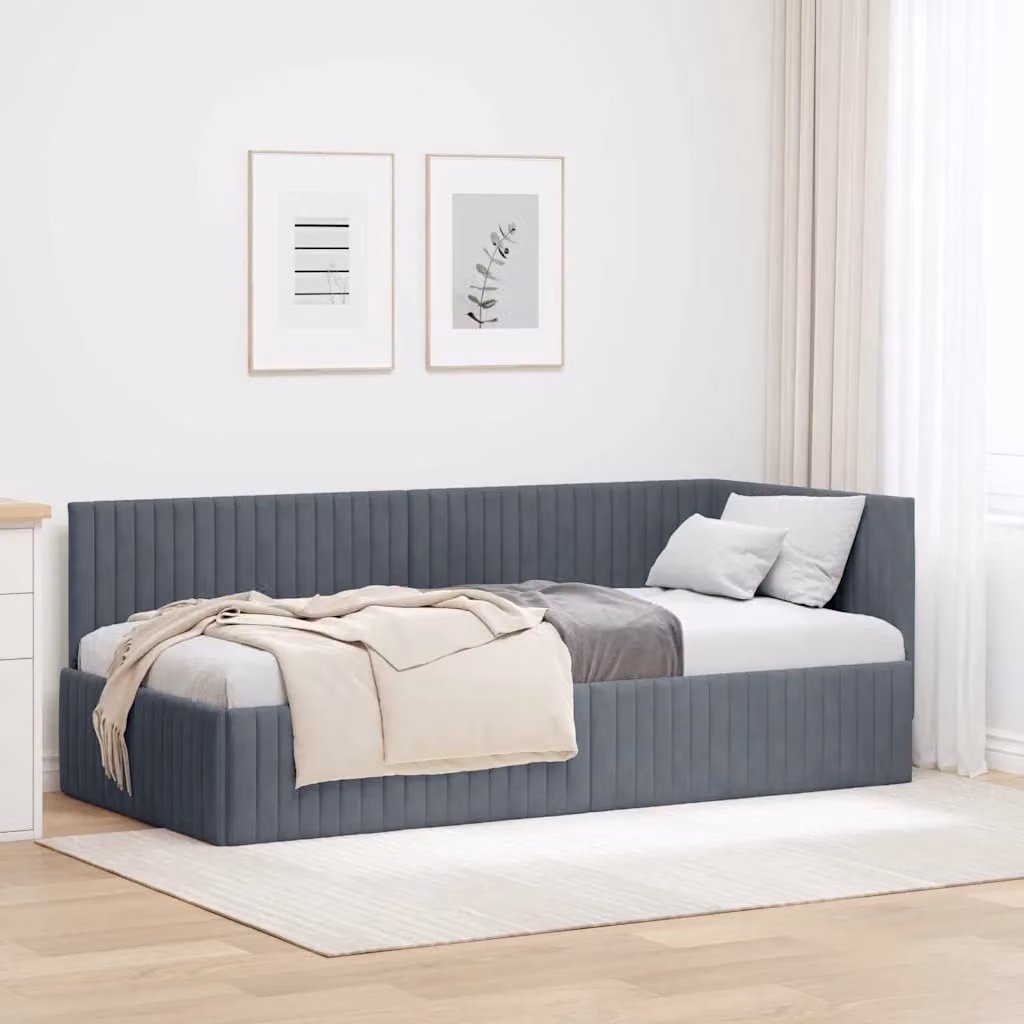 vidaXL Cornice del letto ad angolo asimmetrica in velluto grigio, L 200 x P 90 x H 72 cm – 1