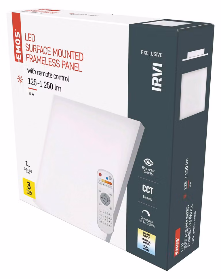 EMOS Plafoniera LED 18W dimmerabile con telecomando, senza cornice, CRI 95, luminosità regolabile 125-1250 lm e colore della luce 2700-6000 K per soggiorno, camera dei bambini, camera da letto, corridoio, ufficio, 29,5 cm