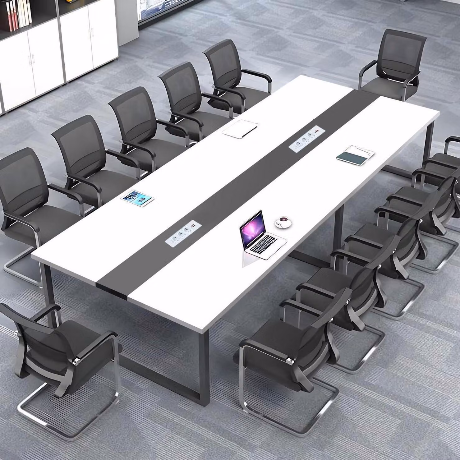 Tavolo da conferenza con sistema di gestione dei cavi, dimensioni 200x80x74 cm, design moderno, ideale per l'ufficio