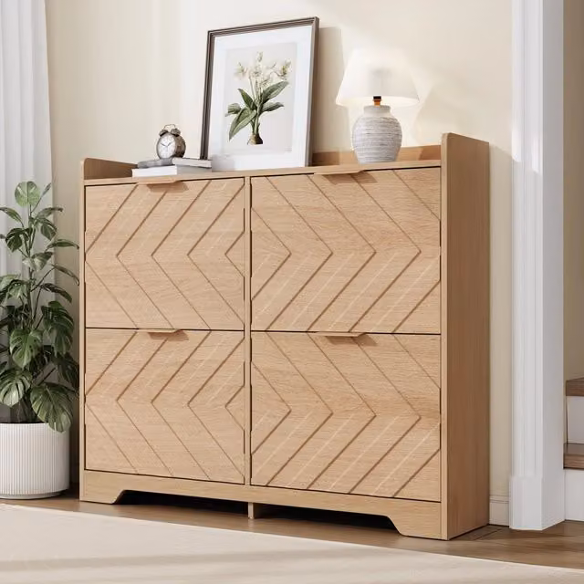 Scarpiera moderna beige con 4 vani a ribalta in MDF, L: 105 cm, P: 24 cm, H: 90 cm