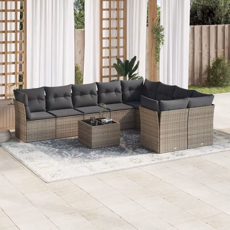 Set Divano da Giardino 10 pz vidaXL in Polyrattan Grigio con Cuscini e Tavolino