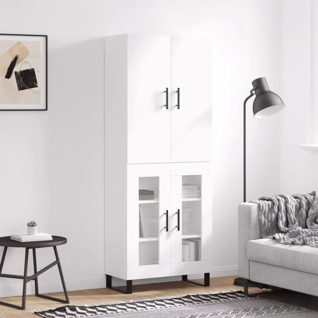 Credenza moderna vidaXL bianca con ante in vetro e struttura in legno e metallo, L: 69,5 cm, P: 34 cm, H: 180 cm