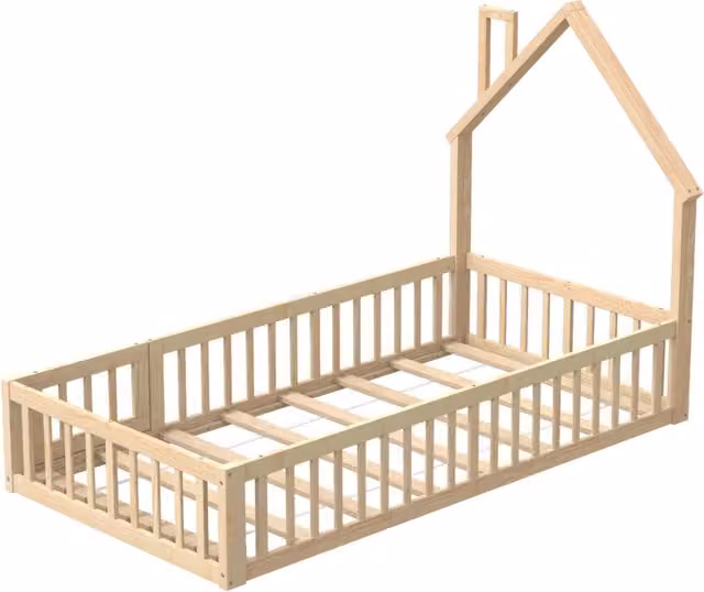Letto per bambini a forma di camino 90x200 cm in legno di pino con doghe, stile minimalista, colore naturale
