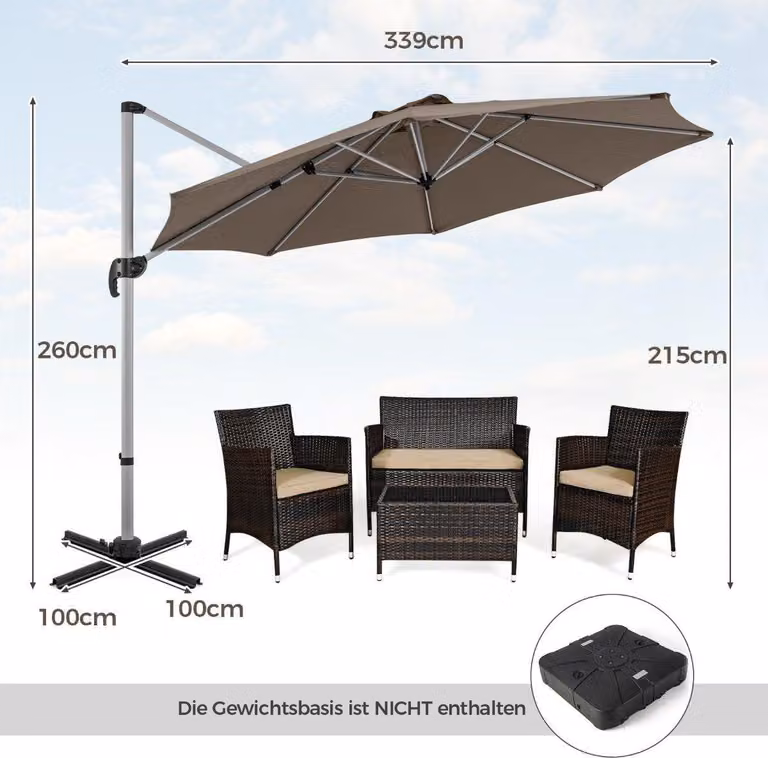 Ombrellone Ø 330 cm con manovella & UPF 50+ e Ombrellone da giardino a sbalzo girevole a 360° marrone