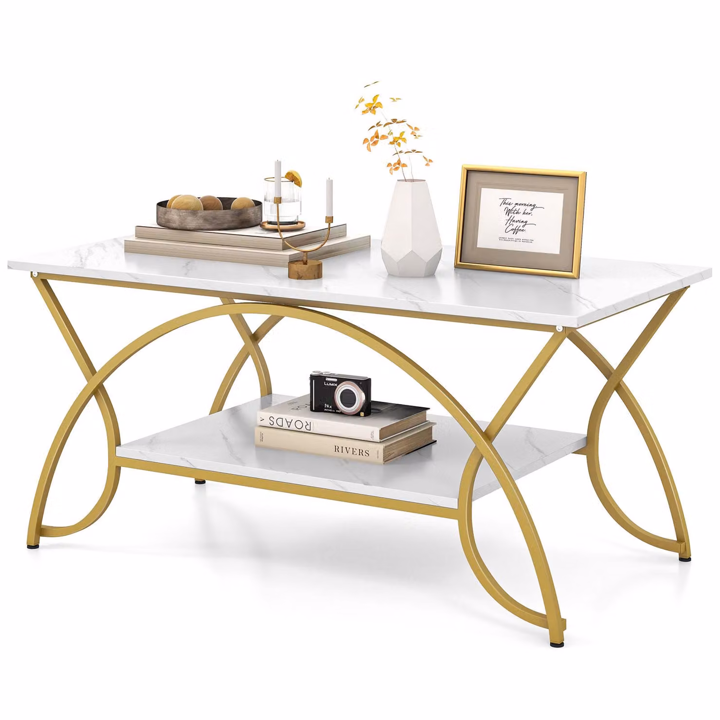 Tavolino da caffè COSTWAY con ripiano, tavolino da divano rettangolare a 2 livelli, tavolino con struttura in marmo artificiale e metallo, per soggiorno, salotto, 100x50x45cm