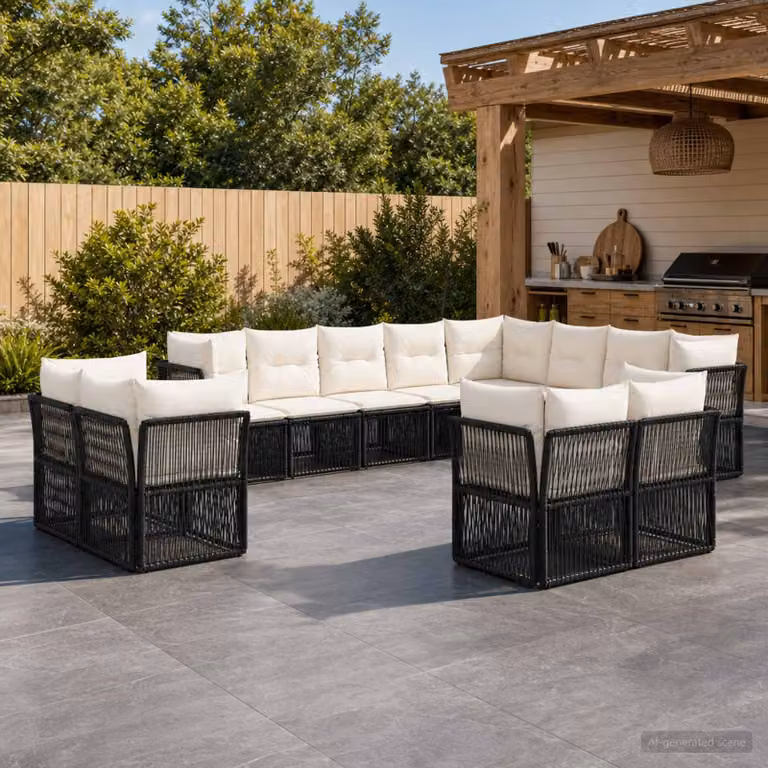 Set Divano da Giardino vidaXL a forma a U in Polyrattan Nero con Cuscini e Struttura in Acciaio