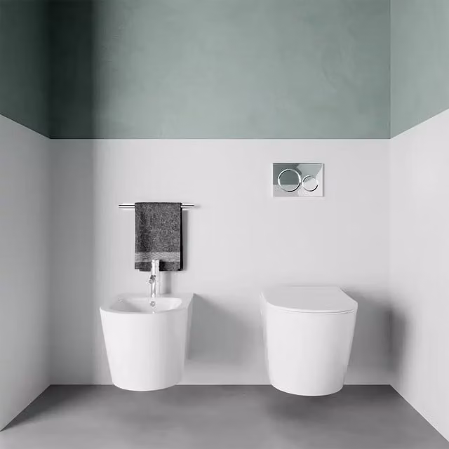 Coppia di sanitari sospesi in ceramica wc + bidet bianco lucido rimless con copri-wc soft-close | Vienna