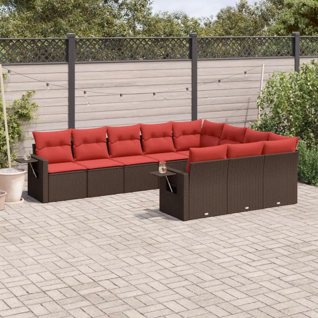 Set di divani da giardino vidaXL in polyrattan marrone con cuscini e struttura in metallo a forma di L