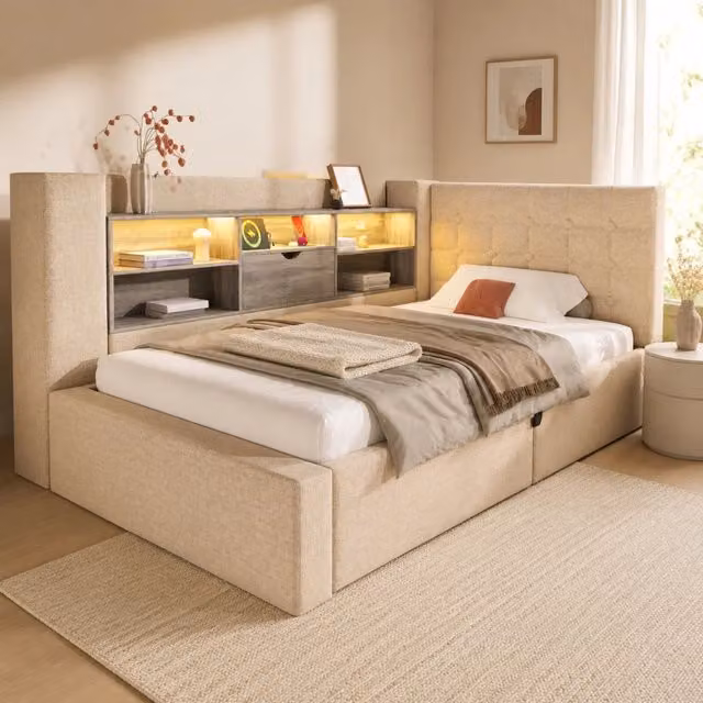 Letto imbottito 90x200 cm con illuminazione LED, contenitore idraulico e testiera L-rivestita in lino beige senza materasso