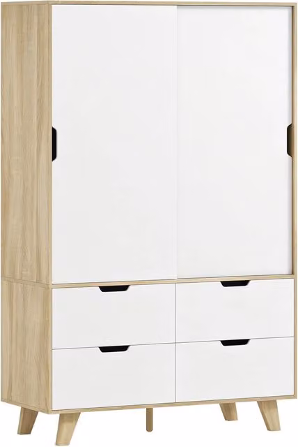 Armoire Chambre Penderie, 2 Portes Coulissantes, 4 Tiroirs, Barre de Suspension, Étagères Réglables, Chêne et Blanc