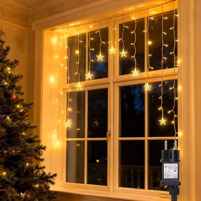 Tenda luminosa a LED, luce calda, lunghezza 3 metri + 1,5 x 1,2 metri, 82 LED con timer e 8 modalità