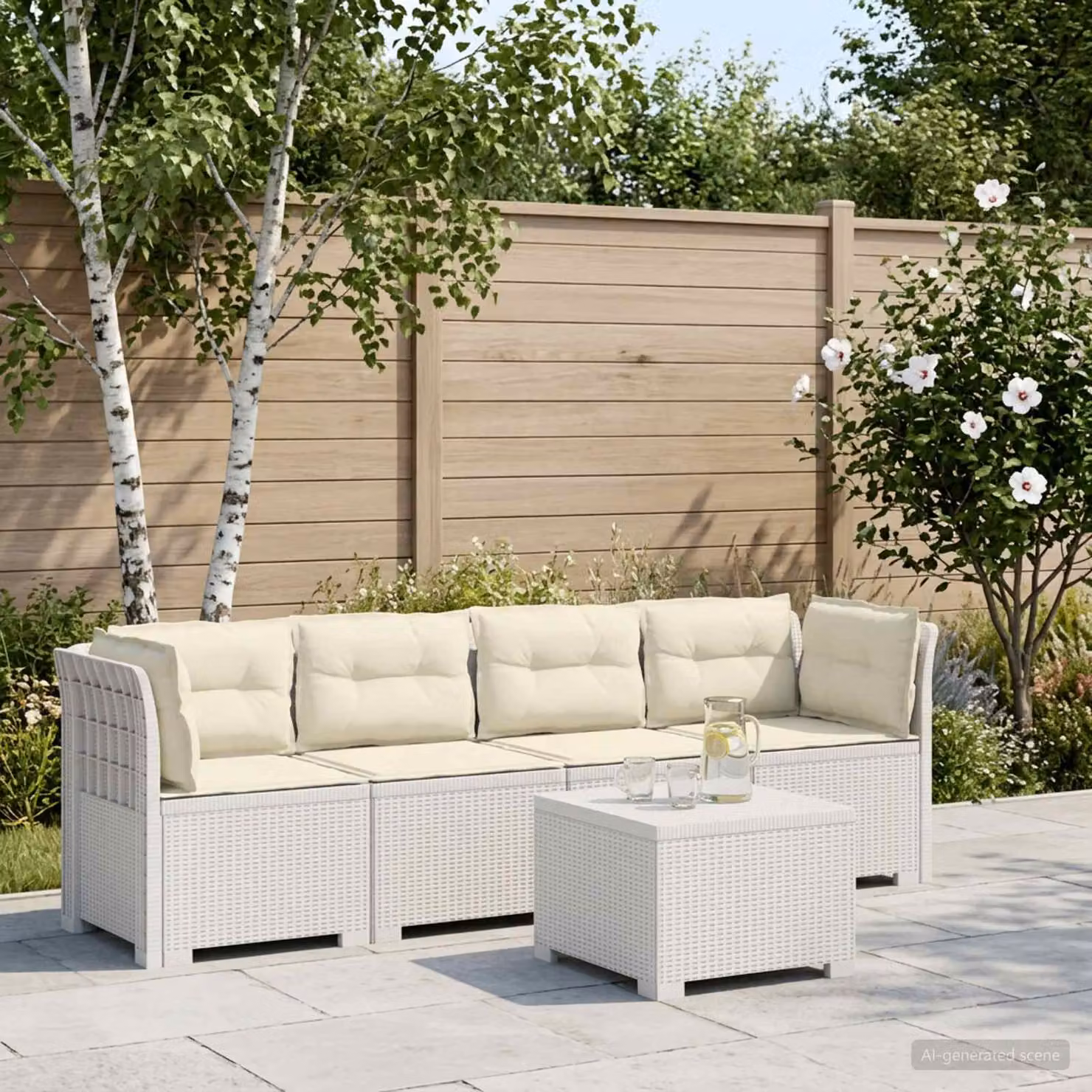 Set da giardino vidaXL moderno con divano da 4 posti, elemento angolare e tavolino da caffè, colore bianco, con cuscini imbottiti in tessuto resistente ai raggi UV e coperture rimovibili