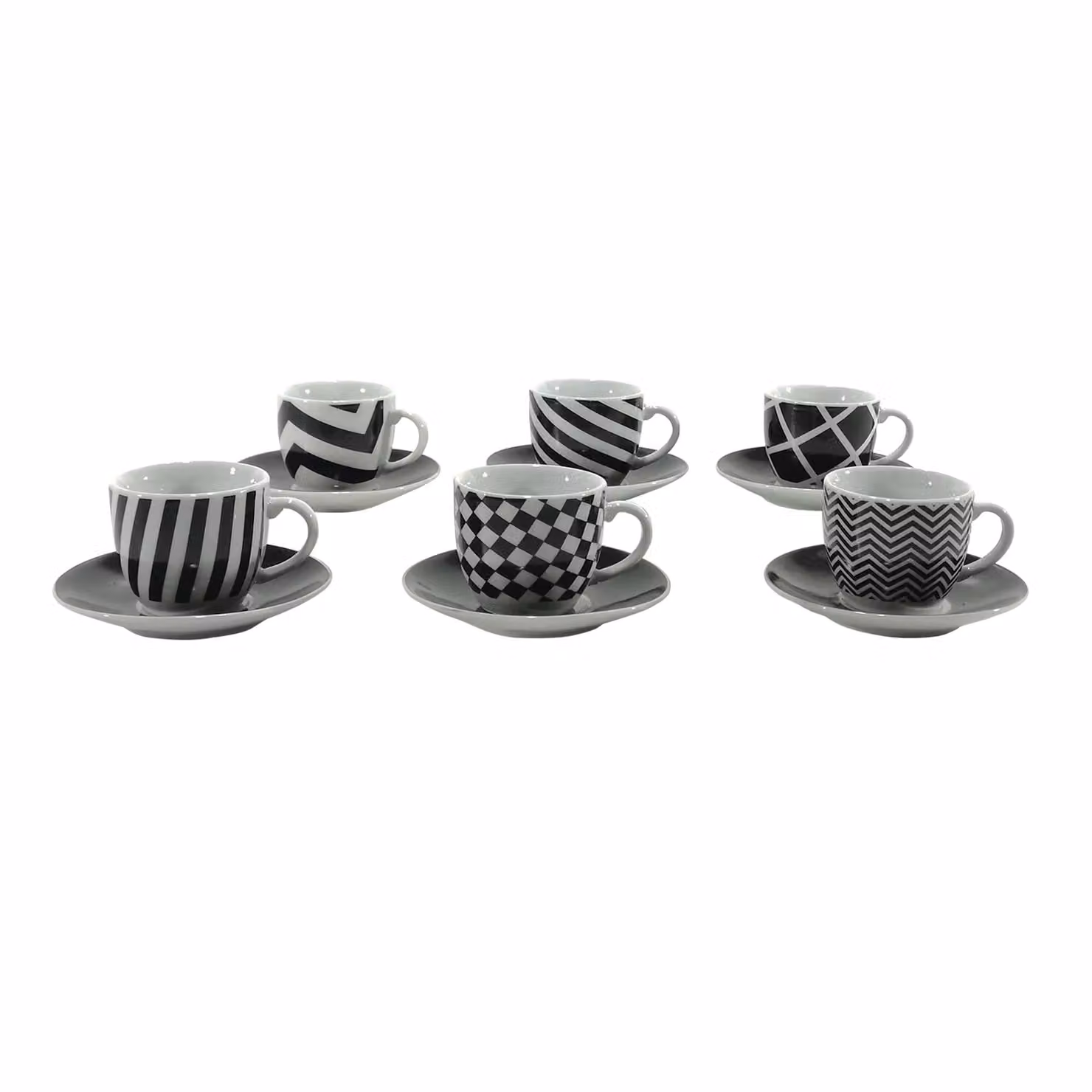 Servizio da caffè GUSTO CASA in porcellana con 6 tazzine e piattini, decoro floreale multicolore bianco e nero, lavabile in lavastoviglie e utilizzabile in microonde