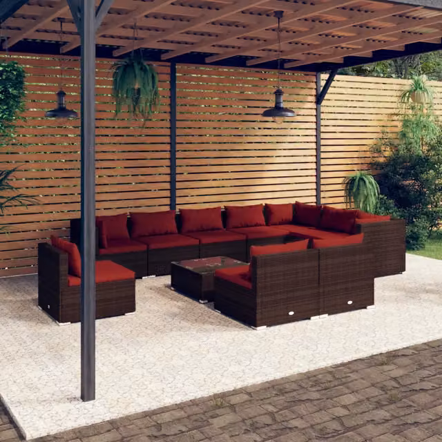 Set di Divani da Giardino L Shape vidaXL in Polyrattan Marrone con Cuscini e Tavolino da Esterno
