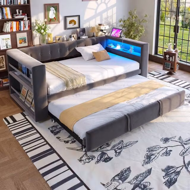 Letto divano 90×190 cm e 180×190 cm con vani nei braccioli, LED e prese, senza materasso, grigio scuro
