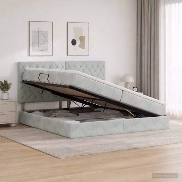 Letto matrimoniale con contenitore e materasso vidaXL in tessuto grigio, L/P/H: 200 x 200 x 140 cm – 1