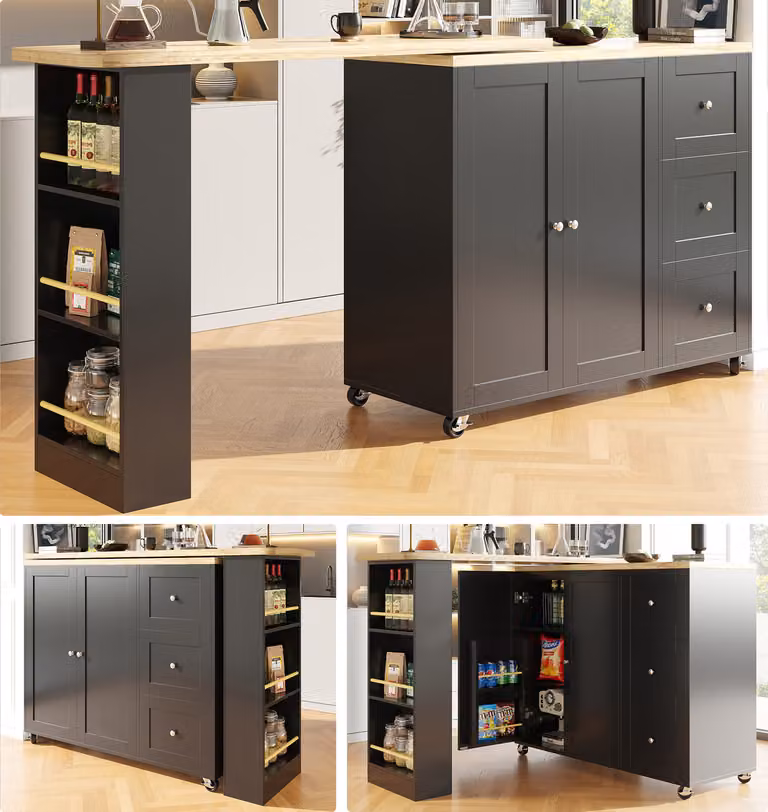 Flieks tavolo da pranzo tavolo da cucina girevole a 360°, tavolo da bar carrello da pranzo carrello da cucina a isola con cassettiera, tavolo rettangolare, carrello da portata 138/209x39cm, nero