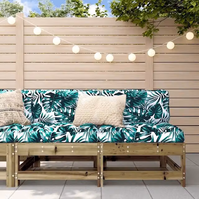 Set di 2 divani da giardino vidaXL in legno di pino impregnato con cuscini floreali neri e verdi per esterno e terrazzo – 1