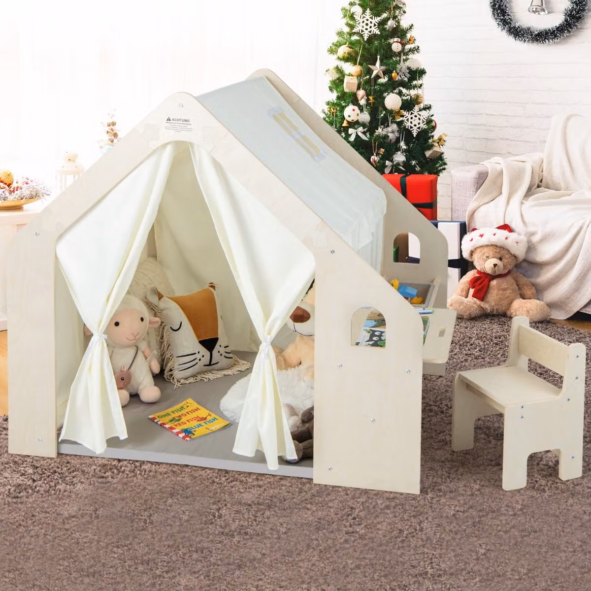 Casetta da gioco in legno Costway 6-in-1 per bambini con lavagna, scrivania e sedia, colore beige