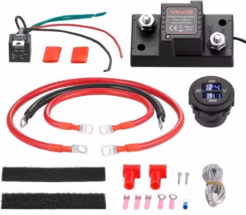 VEVOR Kit Isolatore Batteria Doppia 12V 80A con Relè VSR, Voltmetro e Schermo LCD, Nero, Compatibile con Batterie al Piombo per Furgone e Camper