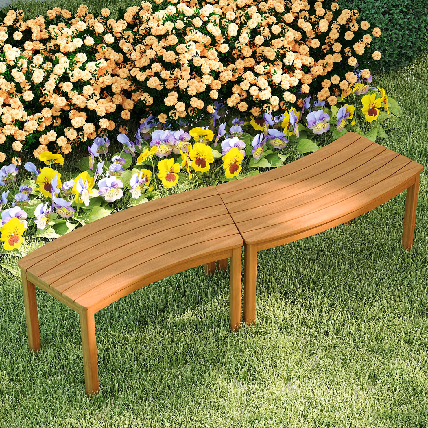 Set di 2 panchine curve Costway in legno di acacia marrone per giardino e terrazza