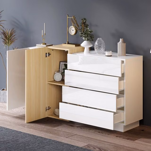 Madia con 4 cassetti e 2 ante apertura a pressione MDF bianco lucido con fascia effetto legno 140 × 35 × 76.5 cm