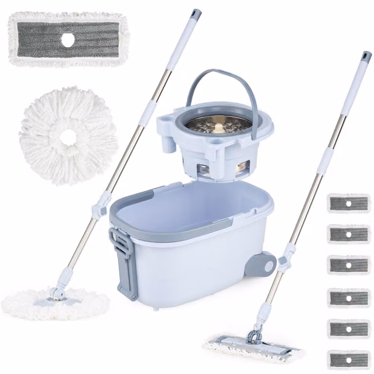 Set mocio e secchio Costway con design a doppio serbatoio e lavaggio senza mani, colore blu, completo di 7 panni in microfibra