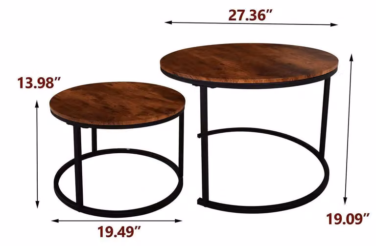 Tavolino da comodino rotondo in legno e metallo, stile rustico, colore marrone/nero, set da 2