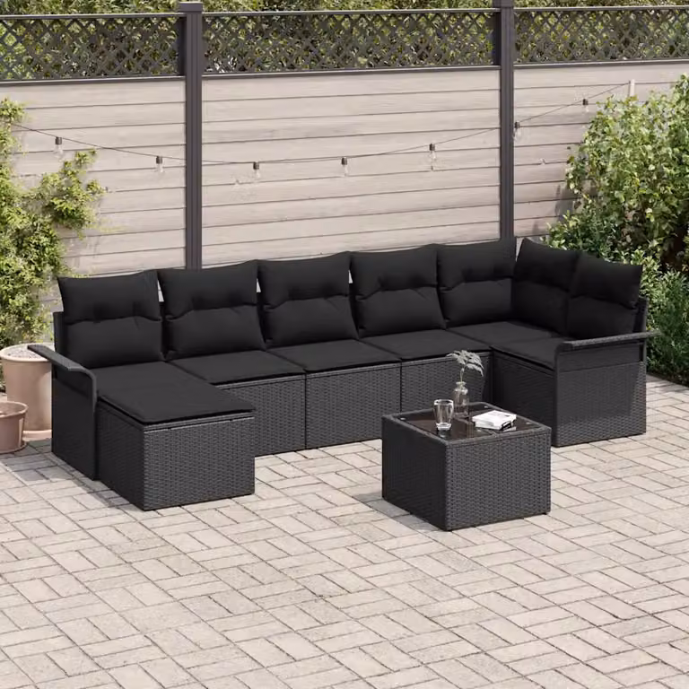 Set Divano da Giardino vidaXL 8 pz in Polyrattan Nero con Cuscini e Tavolino