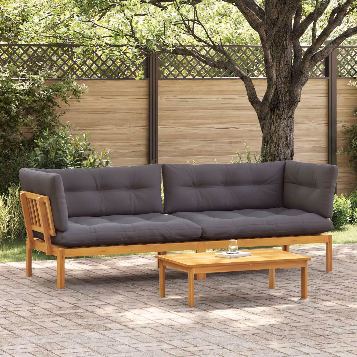 Set di divano da giardino a forma di L vidaXL in legno di acacia con cuscini inclusi, colore marrone e grigio