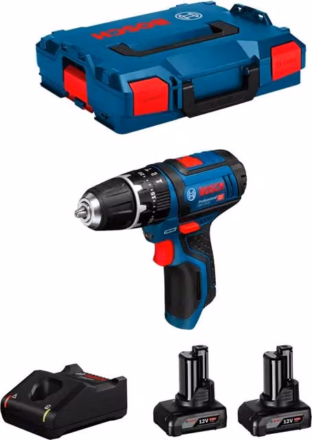 Trapano a percussione Bosch GSB 12V-15 con 2 batterie da 6,0 Ah, caricabatterie GAL12V-40 e custodia L-Boxx 102, colore blu