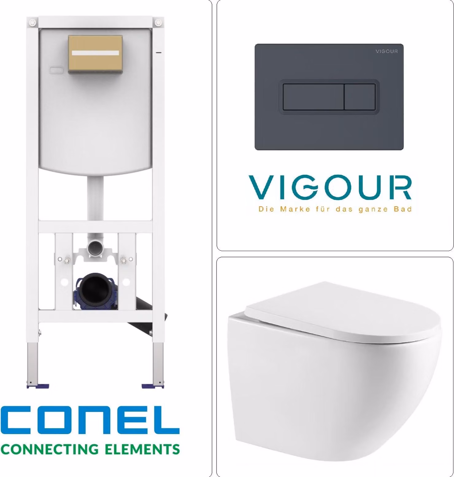 WC sospeso con scarico Tornado, sedile WC SoftClose ed elemento a parete CONEL con placca di comando VIGOUR TEES, antracite opaco