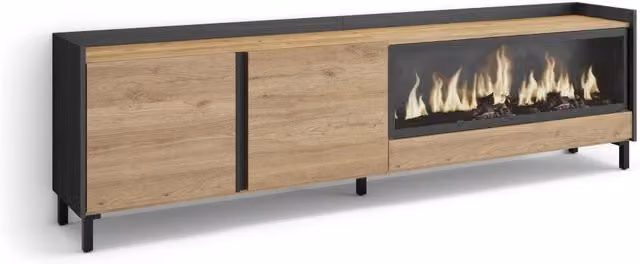 Mobile TV Soggiorno, 212x61x35 cm, Per TV fino a 80", Camino elettrico XXL, Design industriale, Rovere e nero