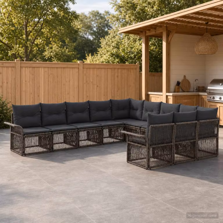Set Divano da Giardino vidaXL 11 pz a forma di U in Polyrattan Grigio con Cuscini e Struttura in Acciaio