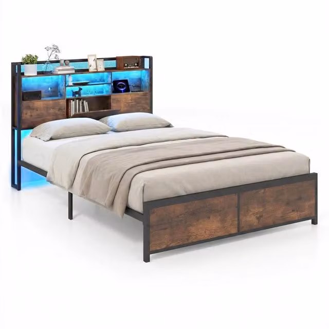 Telaio letto matrimoniale con luci led e stazione di ricarica, Letto piattaforma in metallo con testiera contenitore marrone rustico 220 x 143 x 113 cm