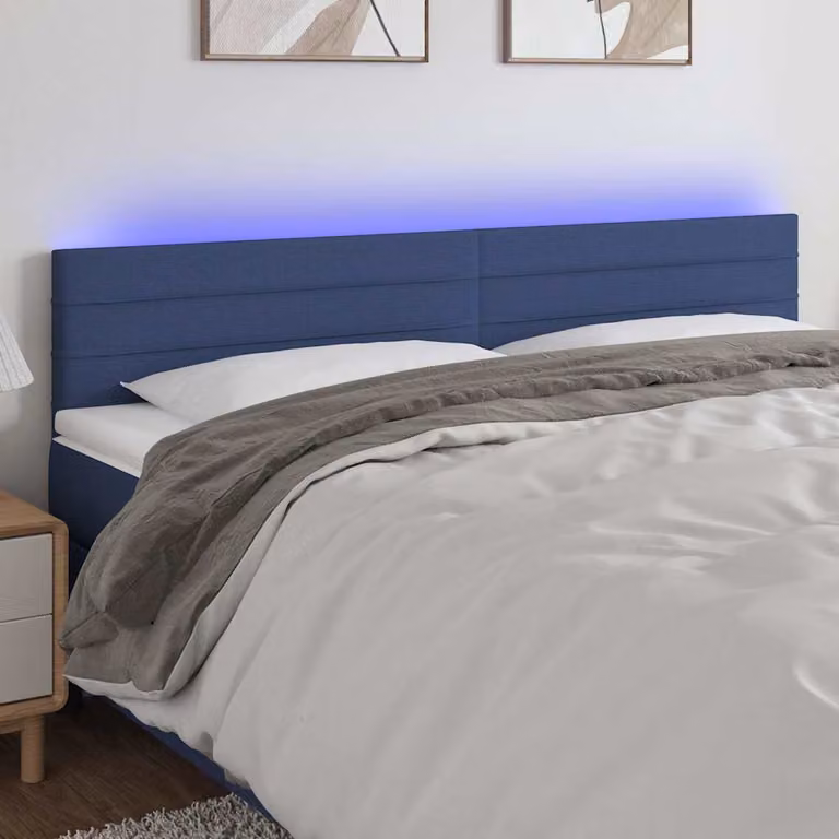 Testiera per letto vidaXL in tessuto blu con illuminazione LED e porta di ricarica USB, L: 180 cm, P: 5 cm, H: 78-88 cm