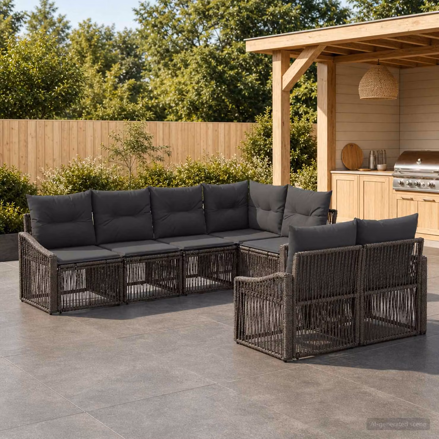 Set Divano da Giardino vidaXL a Forma di L con 7 Posti, Colore Grigio, con Cuscini Inclusi e Struttura in Metallo e Polyrattan