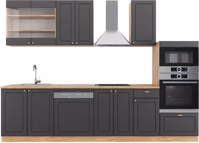 Cucina componibile Fame-Line Vicco colore Antracite e Rovere dorato con armadio alto, L: 300 cm, H: 197,6 cm, P: 60 cm – 1
