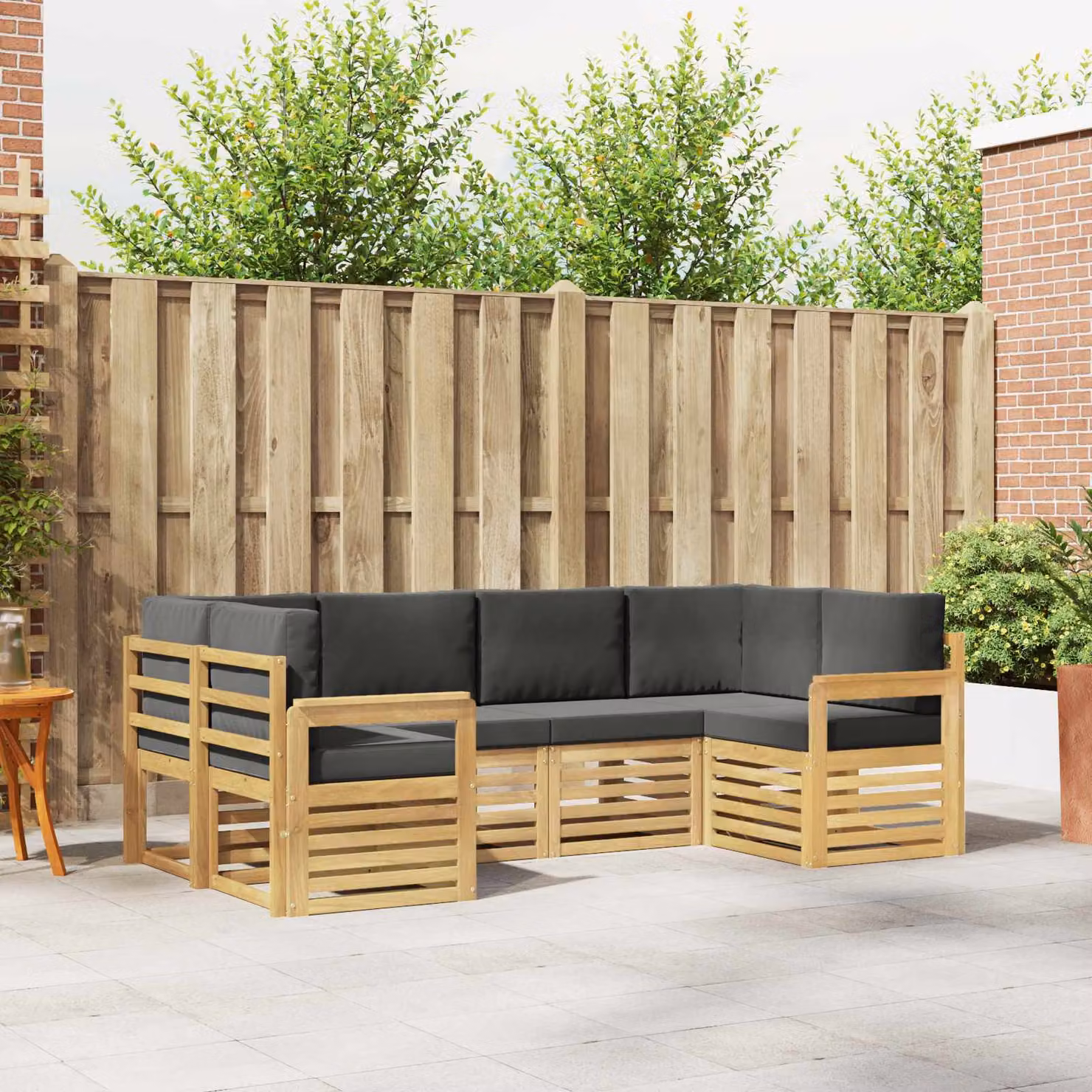 vidaXL Set di divani da esterno a L in legno di acacia con cuscini, Bianco, Antracite e Marrone