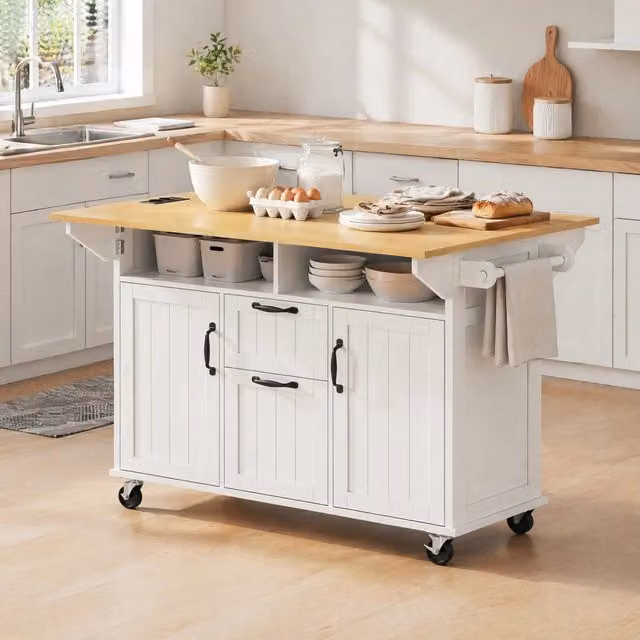 Isola da cucina mobile con piano pieghevole; prese AC; USB e USB-C; MDF/PB bianco naturale