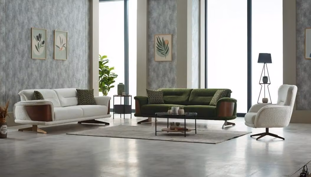 Sofagarnitur Polstersofa Dreisitzer Sessel Weiß Grün Couch Stoff 3tlg