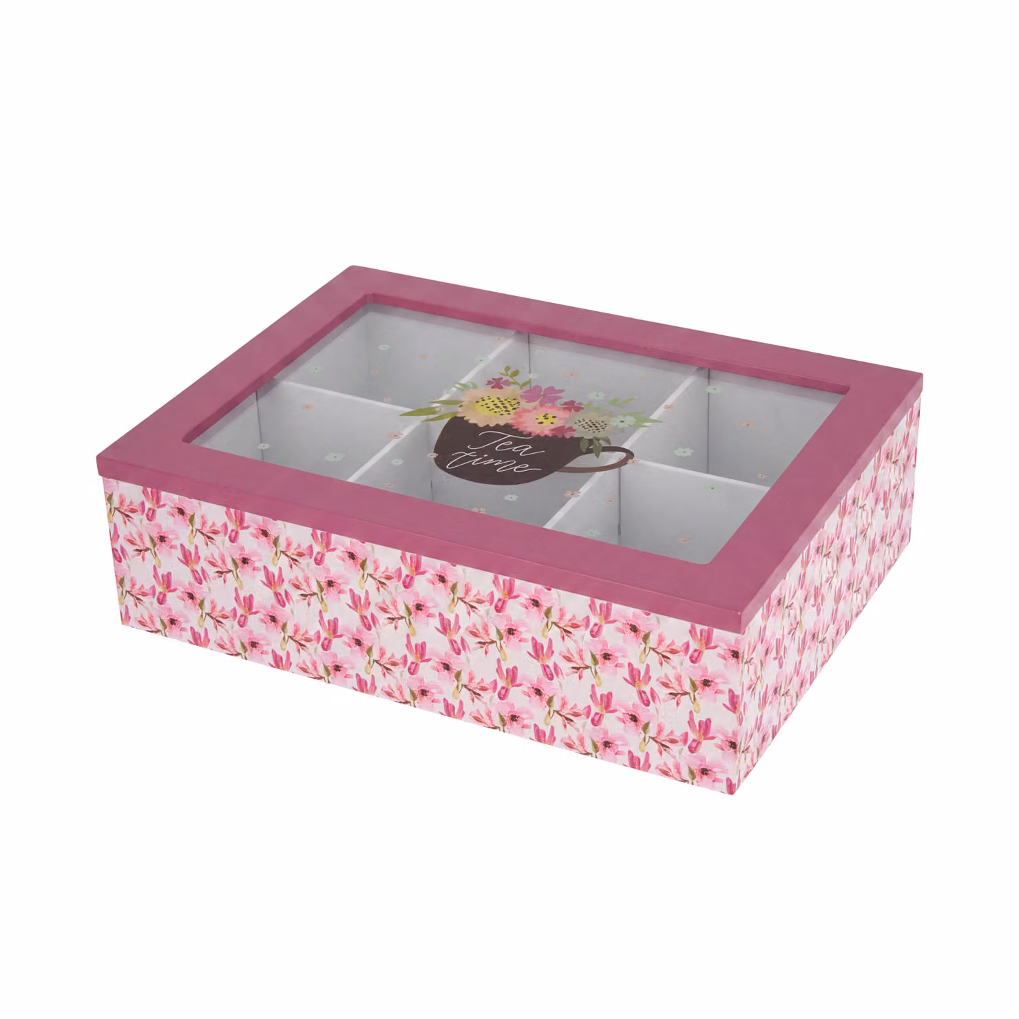 Scatola per tè con 6 scomparti e decorazione floreale, colore rosa, L: 24 cm, P: 17 cm, H: 7 cm – 2