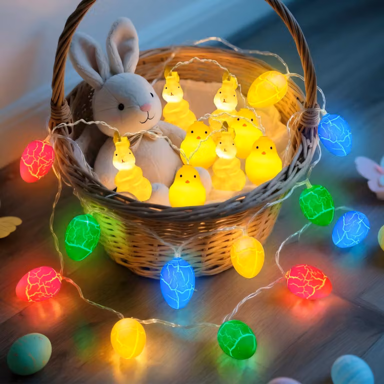 Catena luminosa a tema pasquale, lunghezza 3 metri, 20 LED a forma di uova, pulcini e coniglietti, 2 modalità di illuminazione, alimentata a batteria