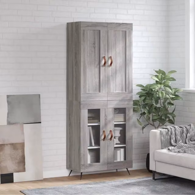 Credenza moderna vidaXL in legno e metallo con vetro, Grigio, L: 69,5 cm, P: 34 cm, H: 180 cm