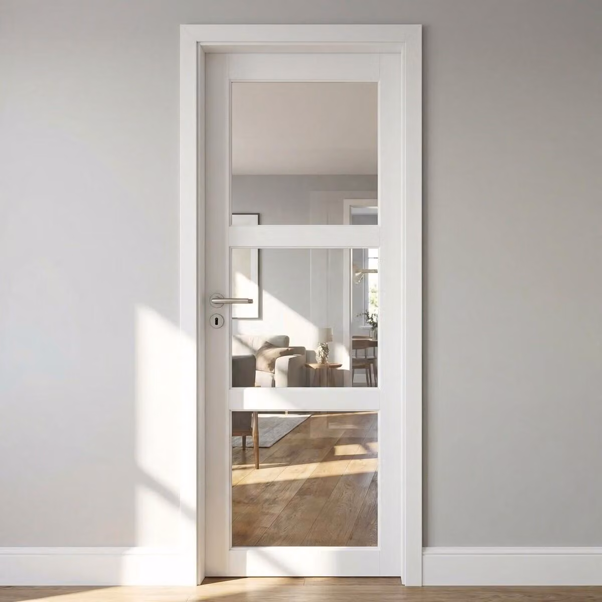 Bloc Porta Kenya Bianco Vetro Trasparente H204 x L83 cm Lato Tavola P.destra, Maniglia Pomerol GD MENUISERIES